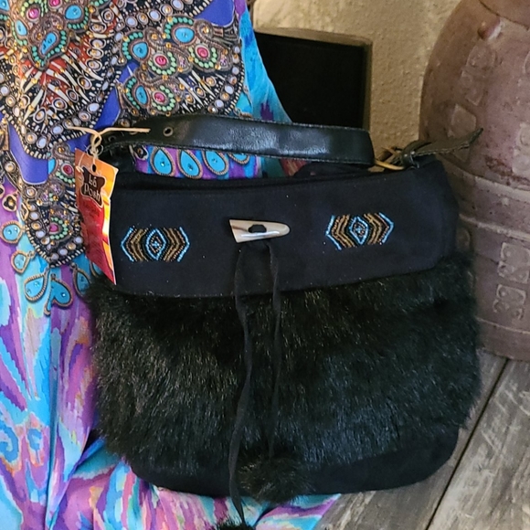 NWOT BO HO BEADED BLACK SUEDE FAUX FUR HANDBAG - Picture 9 of 16